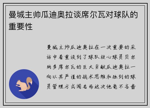 曼城主帅瓜迪奥拉谈席尔瓦对球队的重要性
